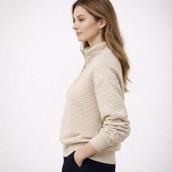 Quilted Quarter Zip Sweatshirt Banana Republic Factory Oatmeal Heather - Picture 3 of 14